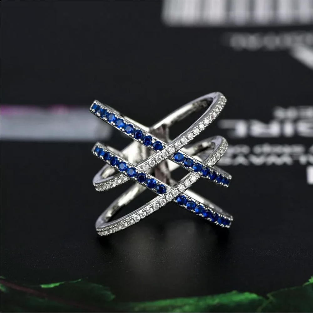 New 925 Silver X Shape women’s Sapphire Ring - Picture 2 of 4